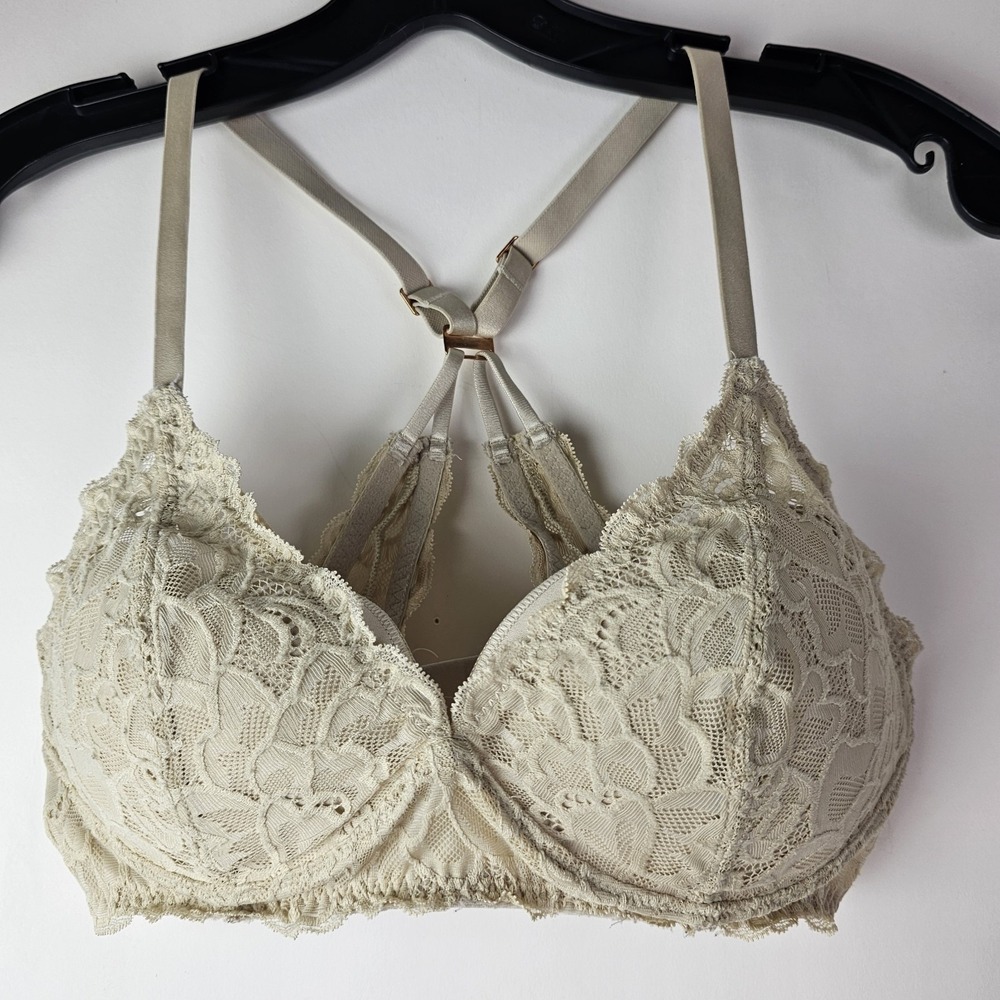 Aerie Beige Lace Bra Underwire Size 34D Racerback T-Back Light Padding